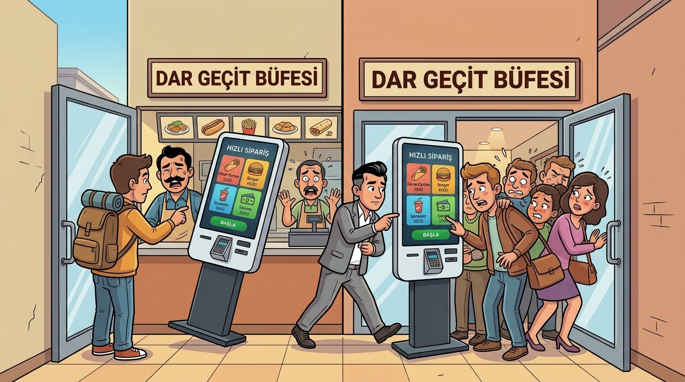 Dar dükkân kapısına yanlış yerleştirilmiş ayaklı totem kioskun yarattığı müşteri darboğazı illüstrasyonu