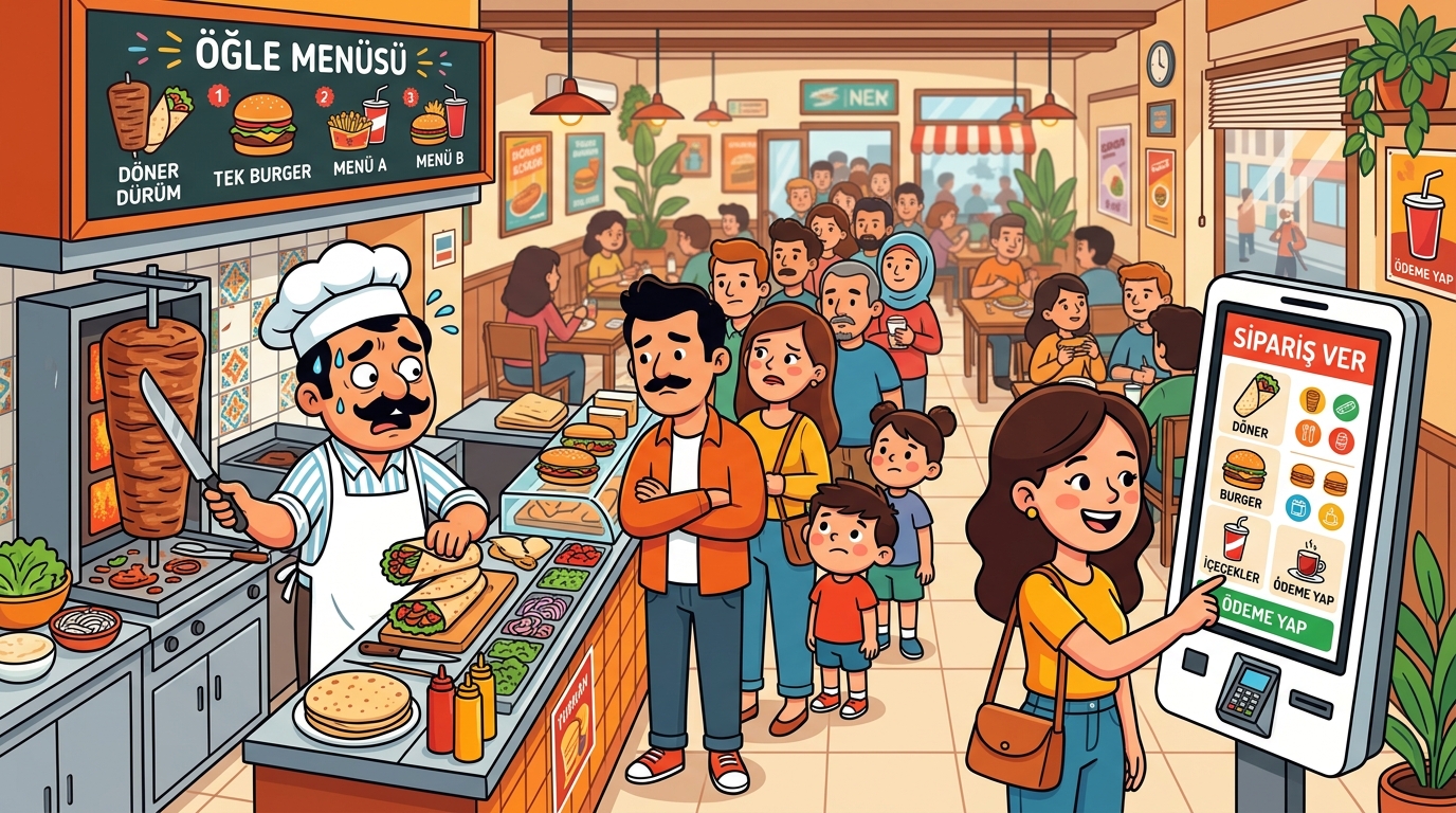 Öğle saatinde yoğun fast-food restoranında kasa kuyruğu ve self-servis kiosk kullanan müşteri illüstrasyonu
