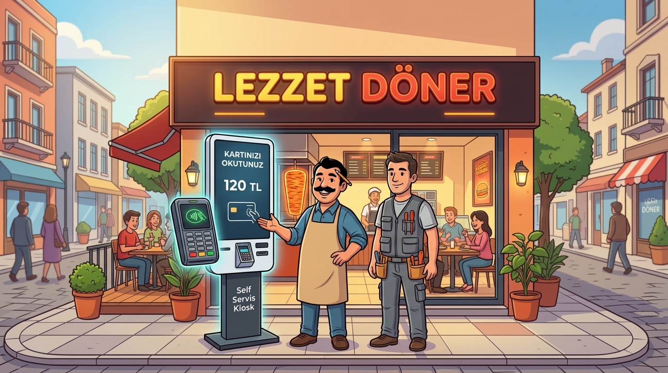 Restoran esnafı Halil Usta ve teknik servis Murat'ın self-servis kioska banka POS cihazı entegrasyonu illüstrasyonu