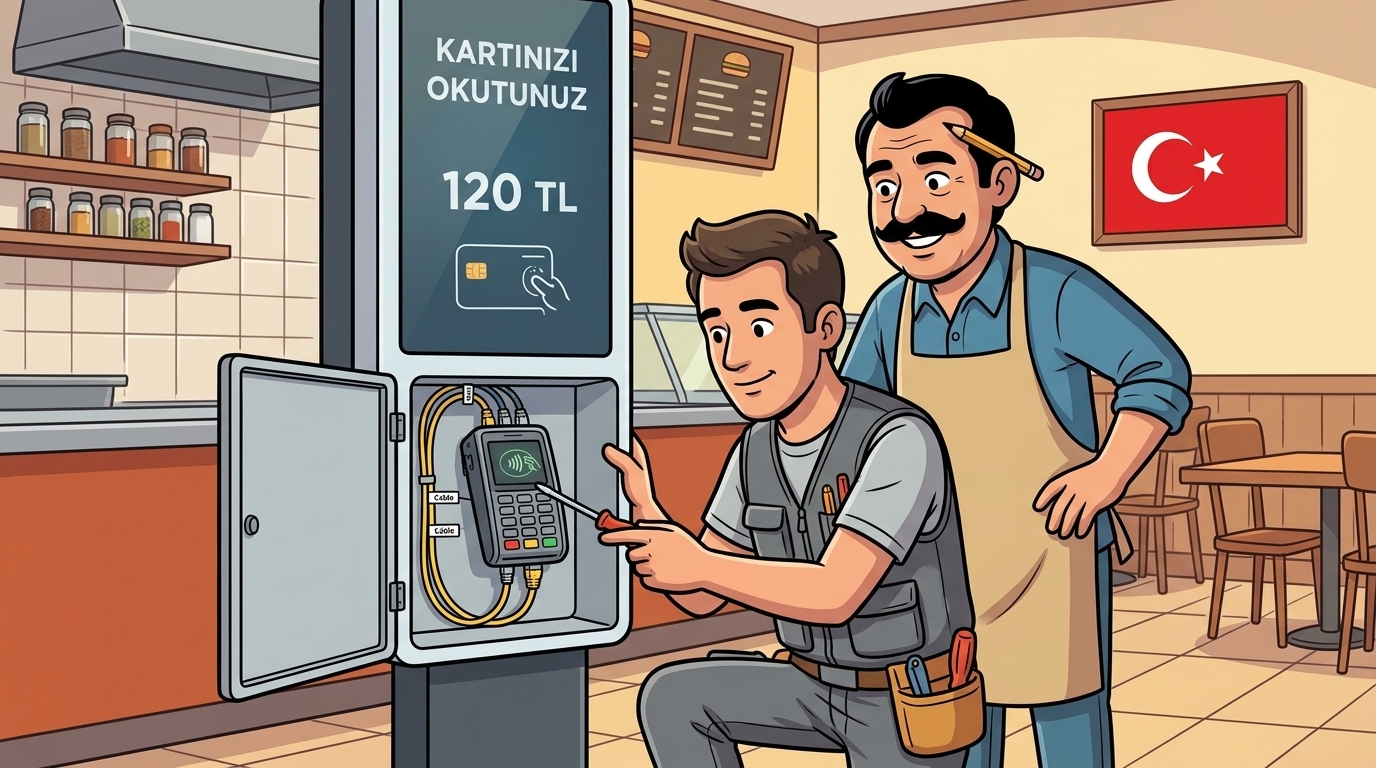 Teknik servis Murat'ın self-servis kiosk içindeki düzenli banka PIN pad ve Ethernet kablolamasını gösteren illüstrasyonu