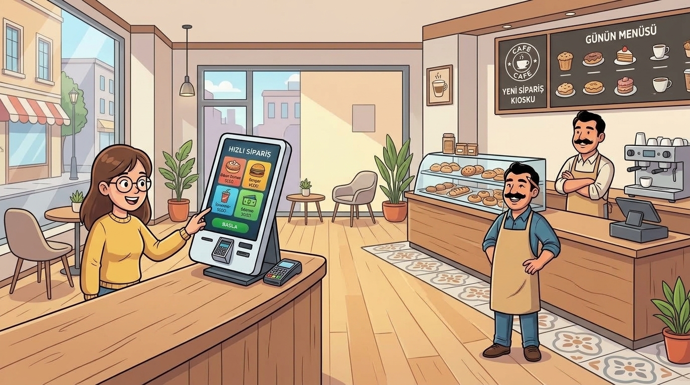 Tezgâh üstü kompakt kiosk kullanan modern butik kafe ve açık ferah yürüyüş alanı illüstrasyonu